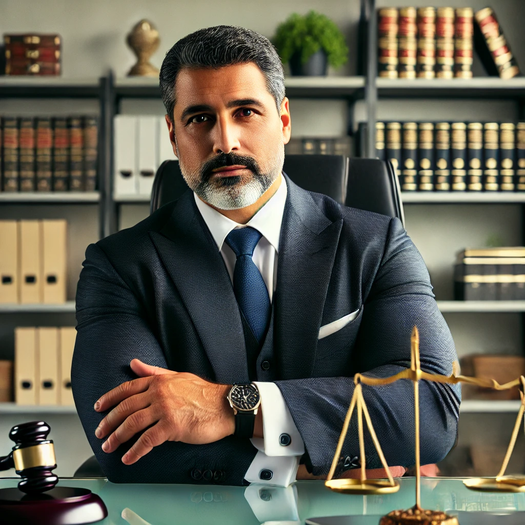 DALL·E-2025-03-10-14.01.49-A-middle-aged-Moroccan-man-around-50-years-old-with-a-larger-build-sitting-in-a-professional-lawyers-office-behind-a-glass-desk.-He-is-wearing-a-f